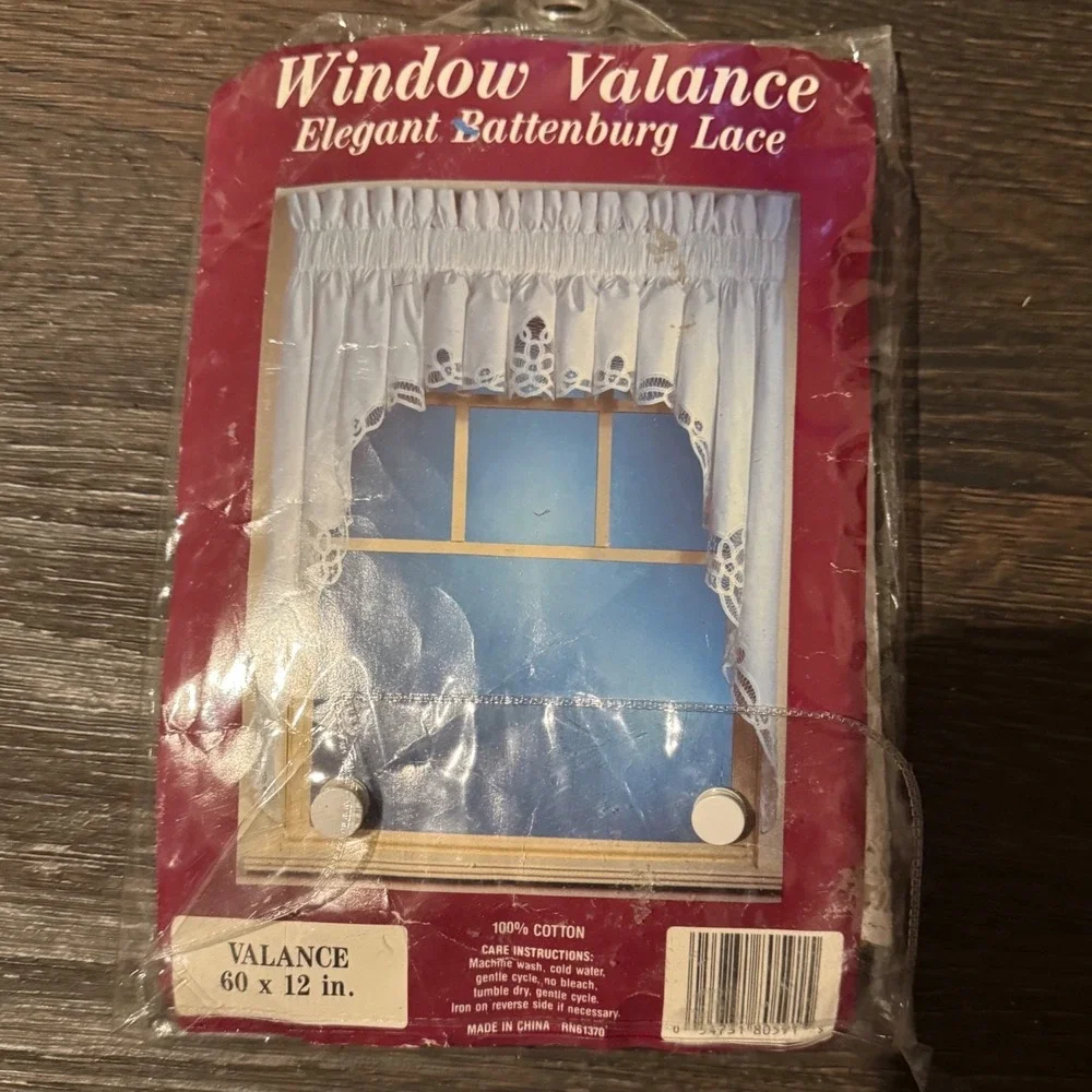 White Battenburg Lace Window Valance 100% Cotton 60x12 Vintage Style Rod Pocket